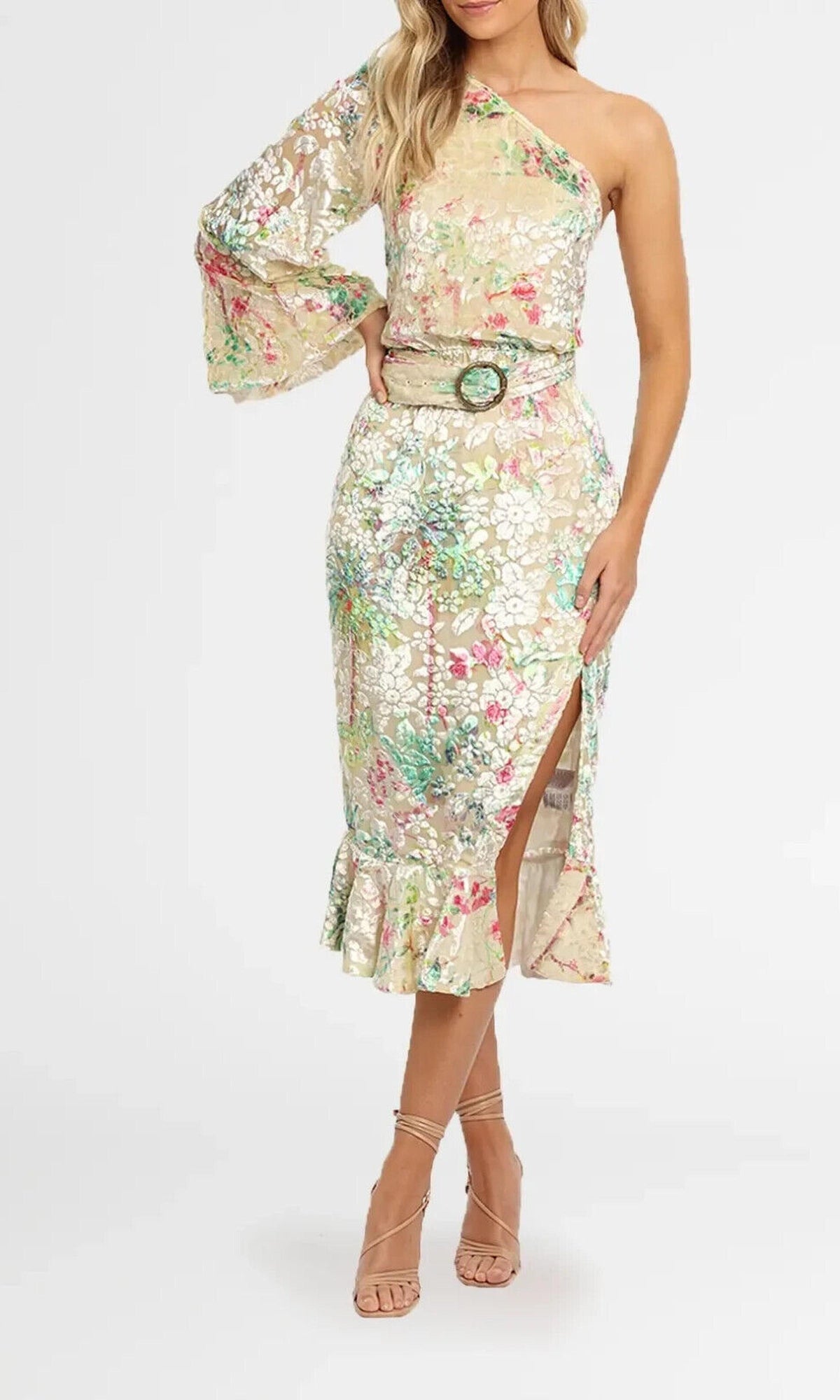 Hemant And Nandita | Inv Viscose Velvet Brasso Midi Dress | Nude Multi