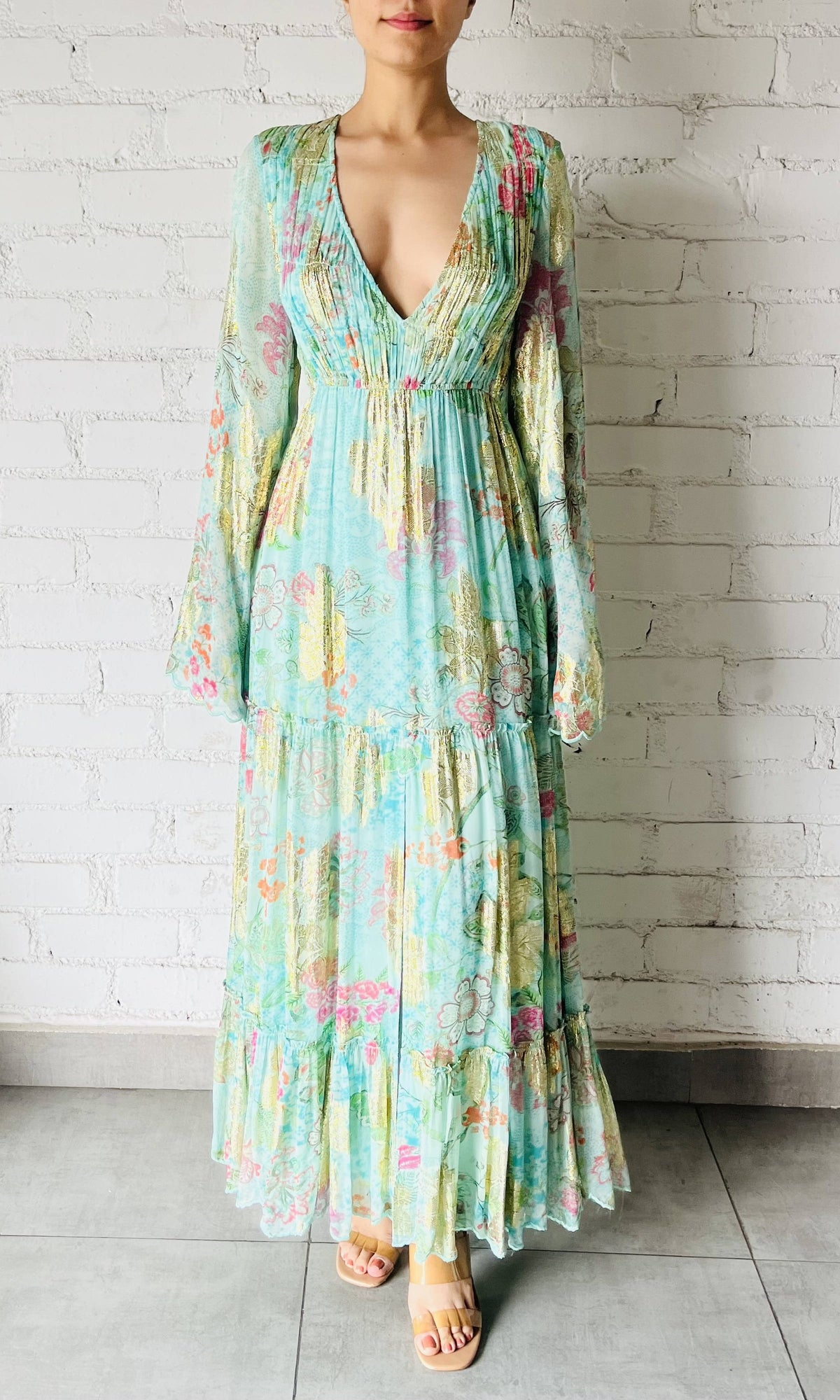Hemant And Nandita | Inv Viscose Chain Boota Lurex Long Dress | Green