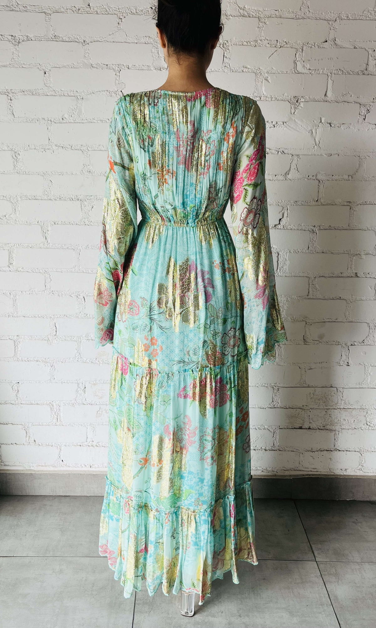 Hemant And Nandita | Inv Viscose Chain Boota Lurex Long Dress | Green