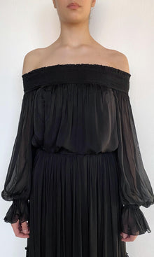 Womens | Johi Viscose Flat Chiffon Smocked Detailed Off Shoudler Top | Black