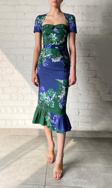 Womens | Keva Cotton Linen Lycra Midi Dress With Tie Up Belt | Green Blue