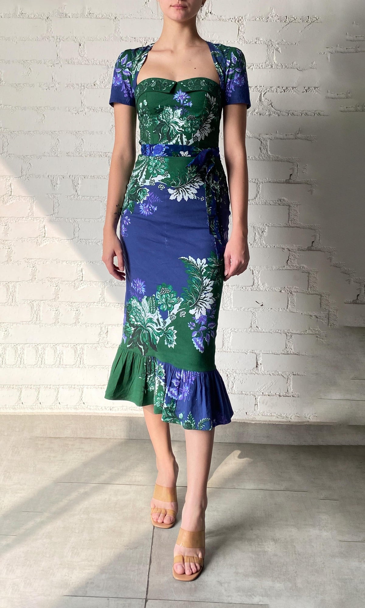 Womens | Keva Cotton Linen Lycra Midi Dress With Tie Up Belt | Green Blue