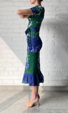 Womens | Keva Cotton Linen Lycra Midi Dress With Tie Up Belt | Green Blue
