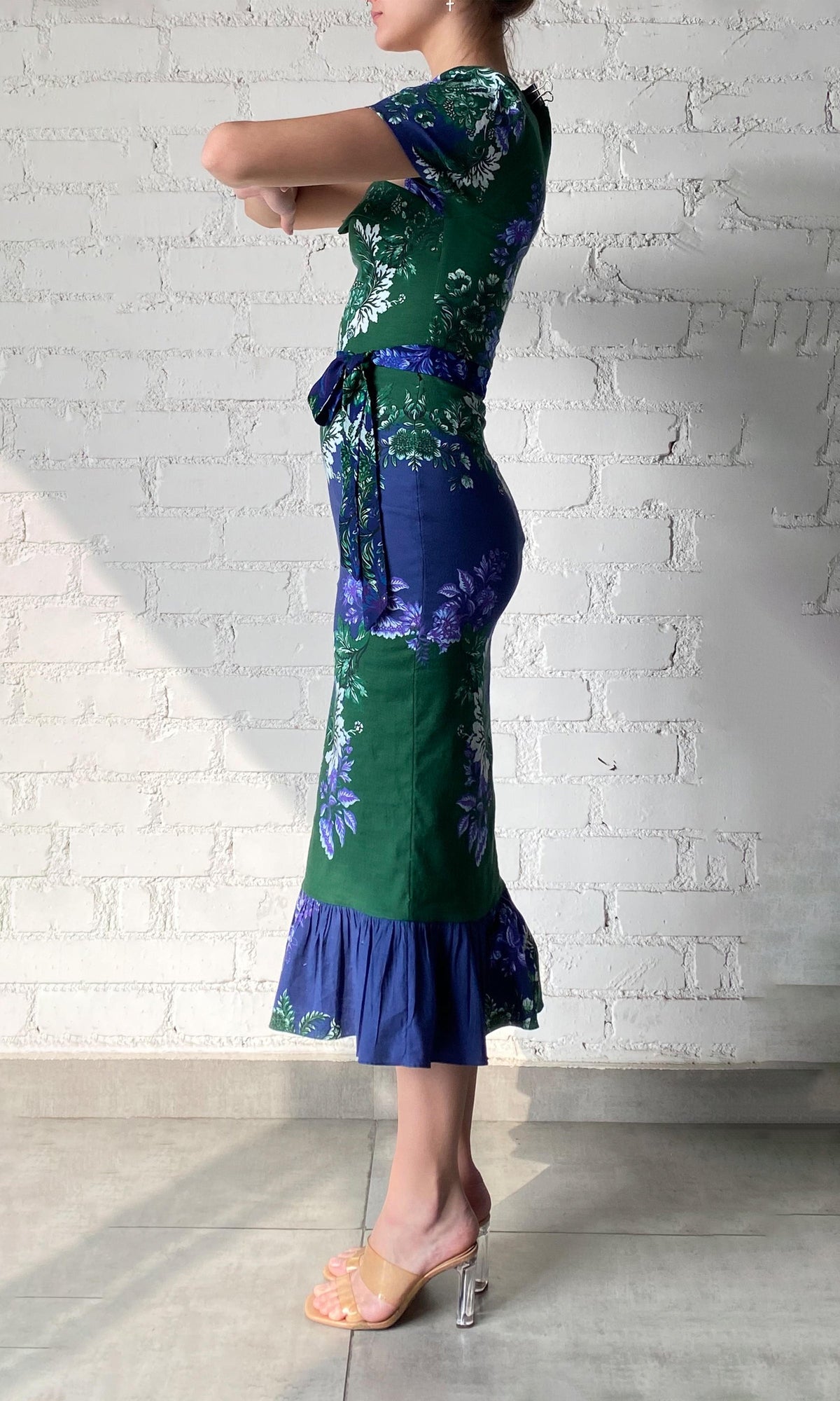 Womens | Keva Cotton Linen Lycra Midi Dress With Tie Up Belt | Green Blue
