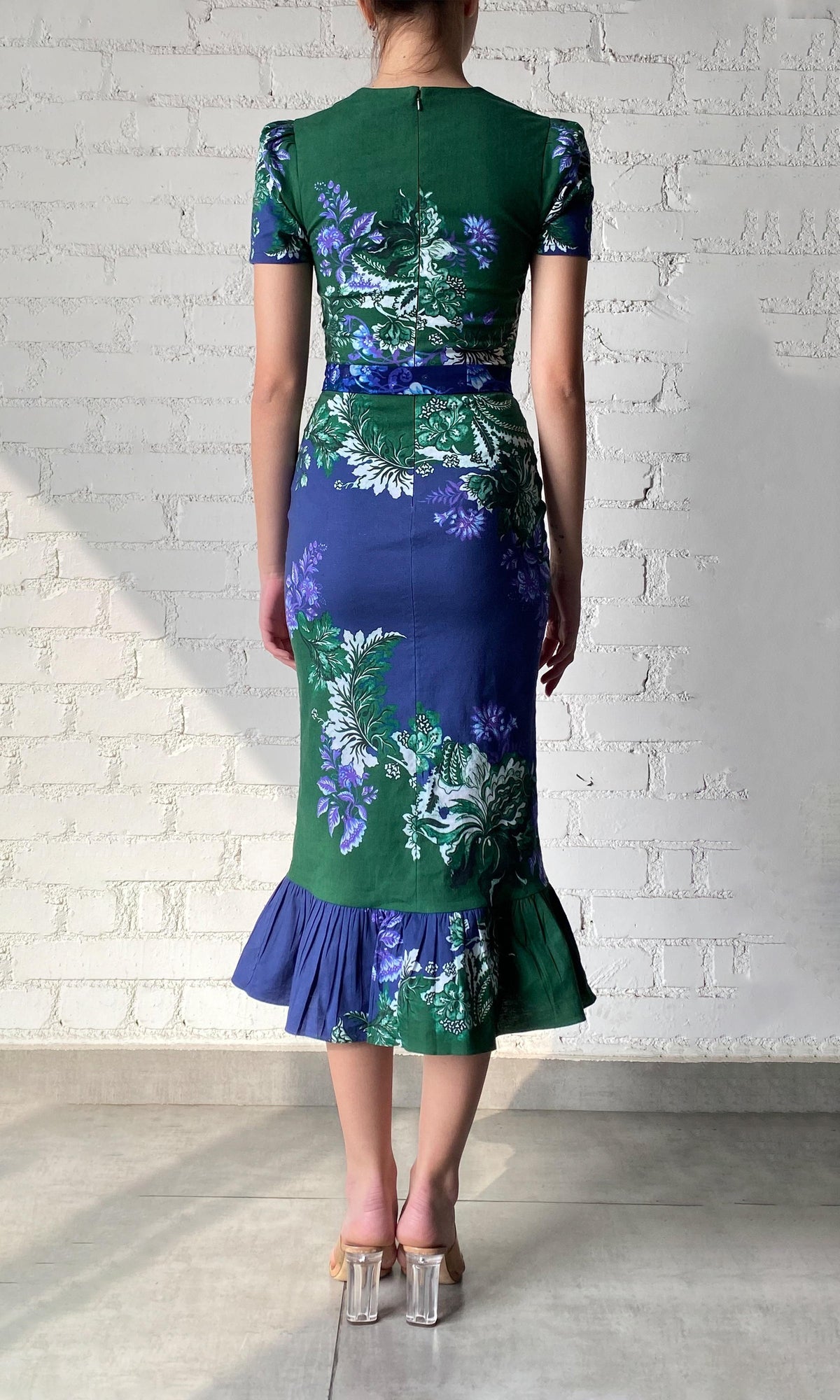 Womens | Keva Cotton Linen Lycra Midi Dress With Tie Up Belt | Green Blue