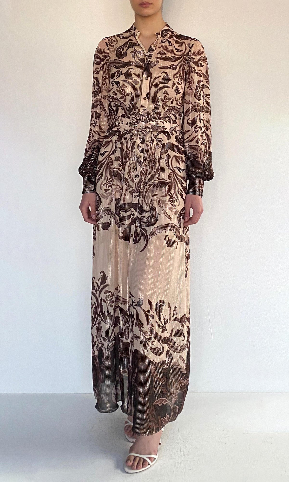 Hemant And Nandita | Lira Viscose Georgette Lurex Shirt Dress With Buckle Belt And Slip | Eggshell