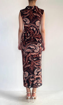 Hemant And Nandita | Lira Polyester Velvet Lycra Mock Neck Midi Dress | Brown
