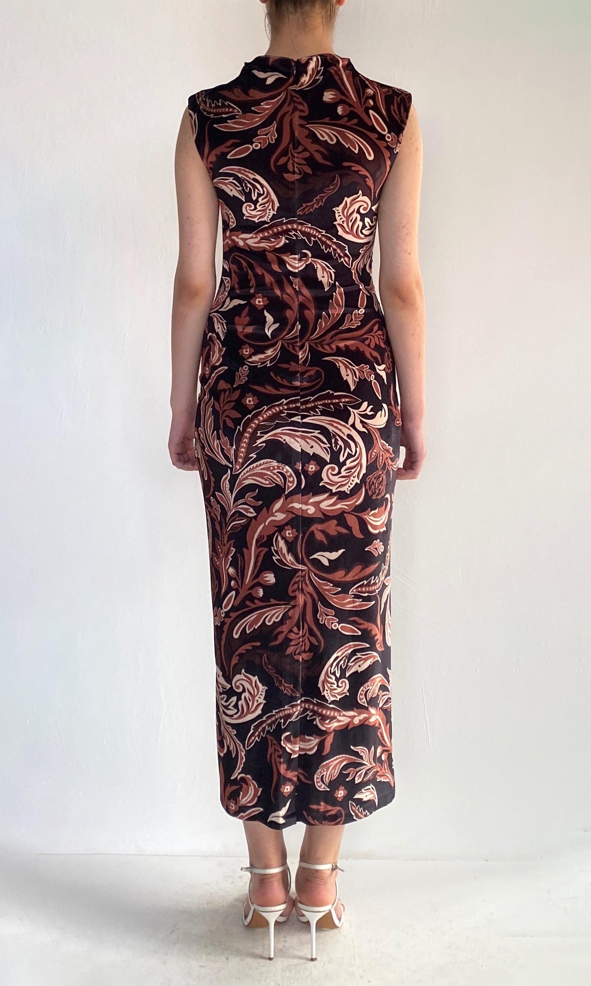 Hemant And Nandita | Lira Polyester Velvet Lycra Mock Neck Midi Dress | Brown