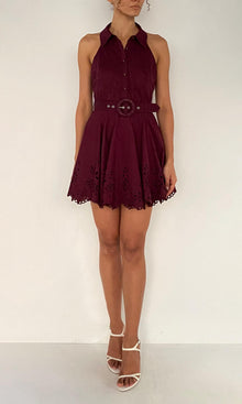 Hemant And Nandita | Mahi Cotton Schiffli Collared Sleeveless Short Dress With Buckle Belt | Burgundy