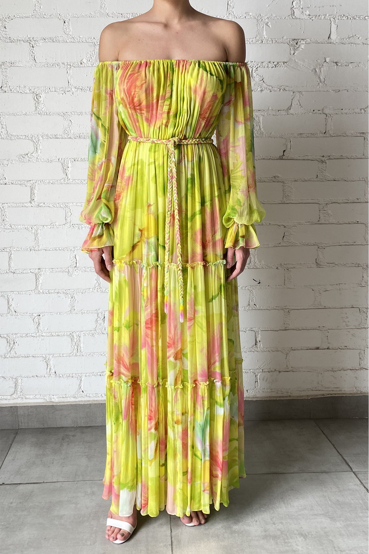 Long Dress With Belt | Yellow Floral