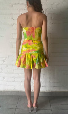 Womens | Mina Linen Cotton Short Dress With Buckle Belt | Yellow Floral