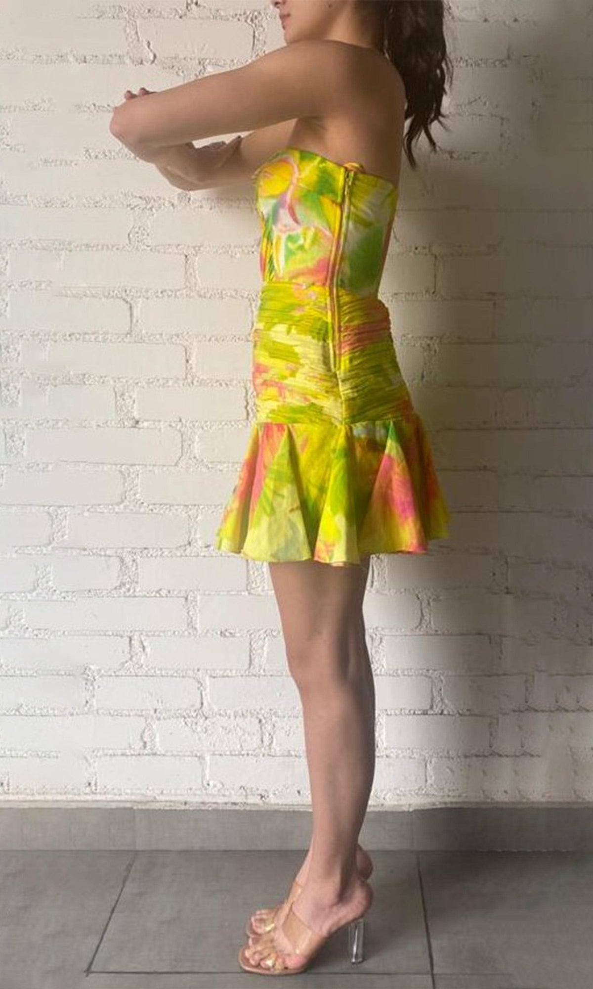 Womens | Mina Linen Cotton Short Dress With Buckle Belt | Yellow Floral