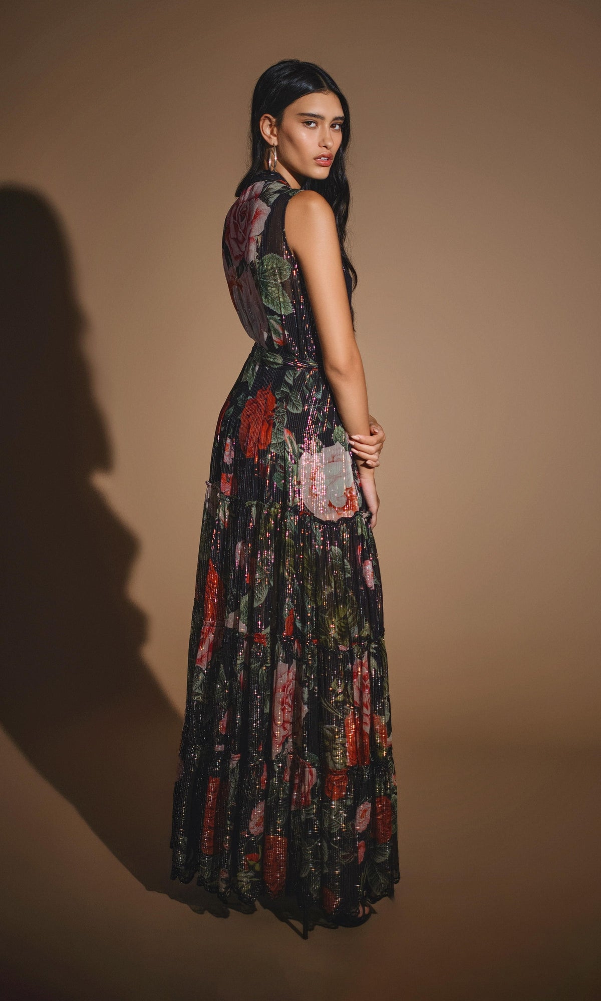 Hemant And Nandita | Maaz Viscose Gold Silver Lurex Georgette Long Dress | Black