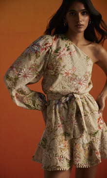 Hemant And Nandita | Nava Cotton Schiffli Short Dress With Belt | Beige