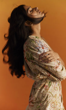 Hemant And Nandita | Nava Cotton Schiffli Short Dress With Belt | Beige