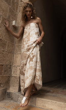 Womens | Nima Viscose Linen Strapless Long Dress With Buckle Belt | Light Brown/White