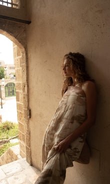 Womens | Nima Viscose Linen Strapless Long Dress With Buckle Belt | Light Brown/White