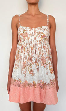 Hemant And Nandita | Niti Cotton Schiffli Short Dress With Quilted Yoke | White Floral