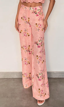 Hemant And Nandita | Niva Linen Cotton Straight Pants With Buckle Belt | Pink Floral