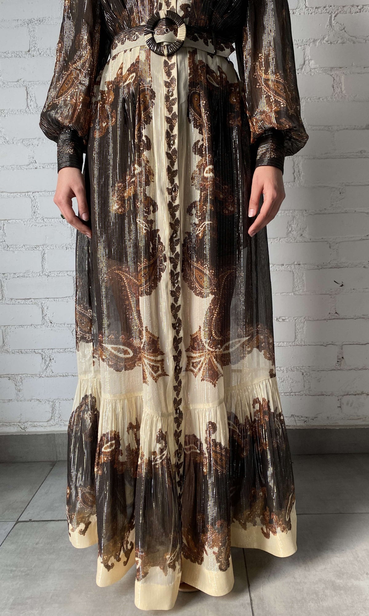 Womens | Omya Viscose Ggt Stripe Lurex Long Shirt Dress With Buckle Belt | Brown Multi