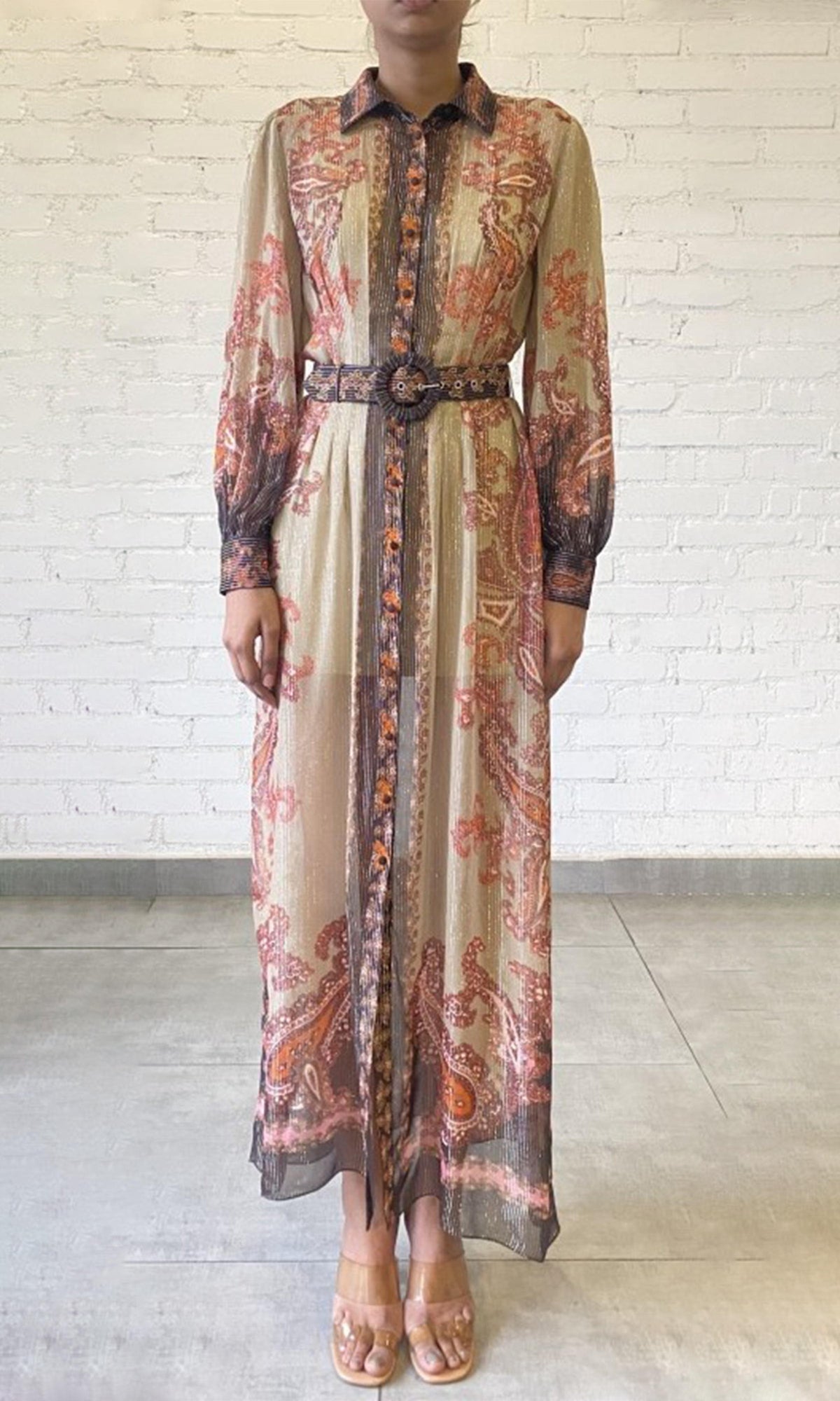 Hemant And Nandita | Omya Viscose Georgette Stripe Lurex Shirt Dress With Slip And Belt | Pink Paisely