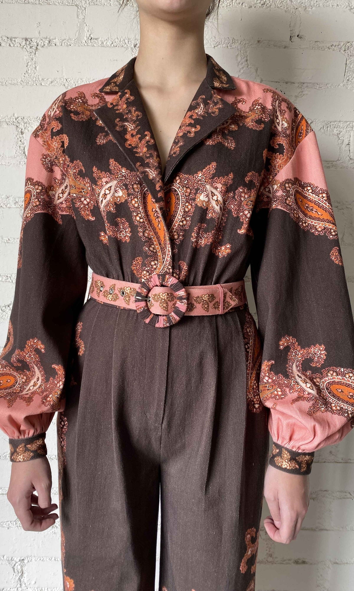 Hemant And Nandita | Omya Cotton Twill Jumpsuit With Buckle Belt | Brown Pink Multi