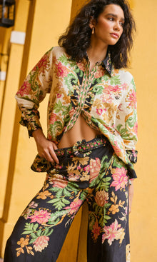Womens | Pahi Linen Cotton Flared Pants With Buckle Belt | Black Offwhite Floral