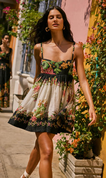 Hemant And Nandita | Pahi Viscose Organza Linen Short Dress | Black Offwhite Floral