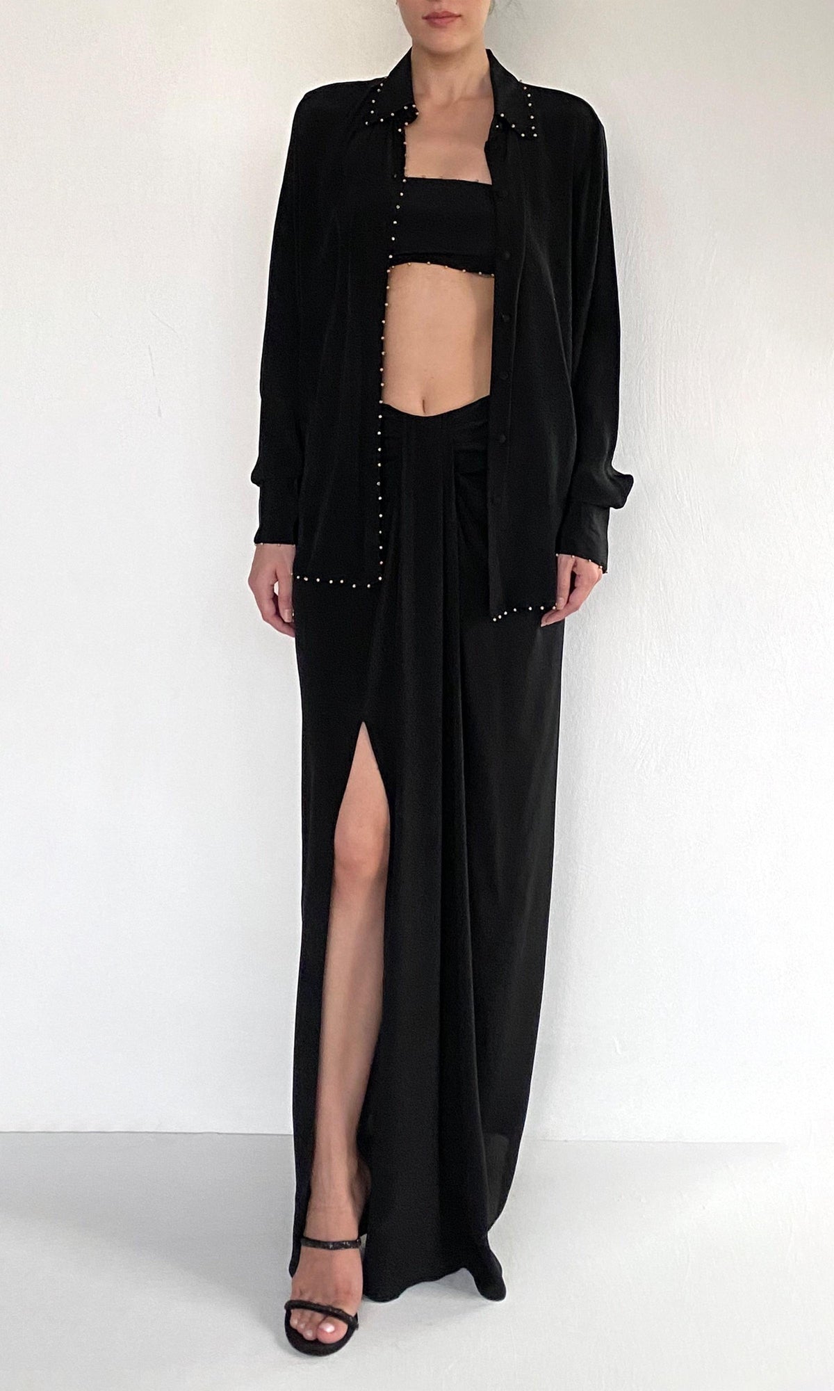 Hemant And Nandita | Palm Viscose Crepe Front Drape Maxi Skirt | Black