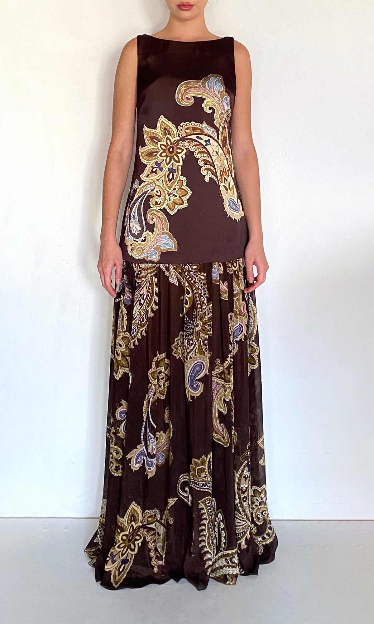 Hemant And Nandita | Reem Polyester Double Satin Low Armhole Maxi Dress | Brown