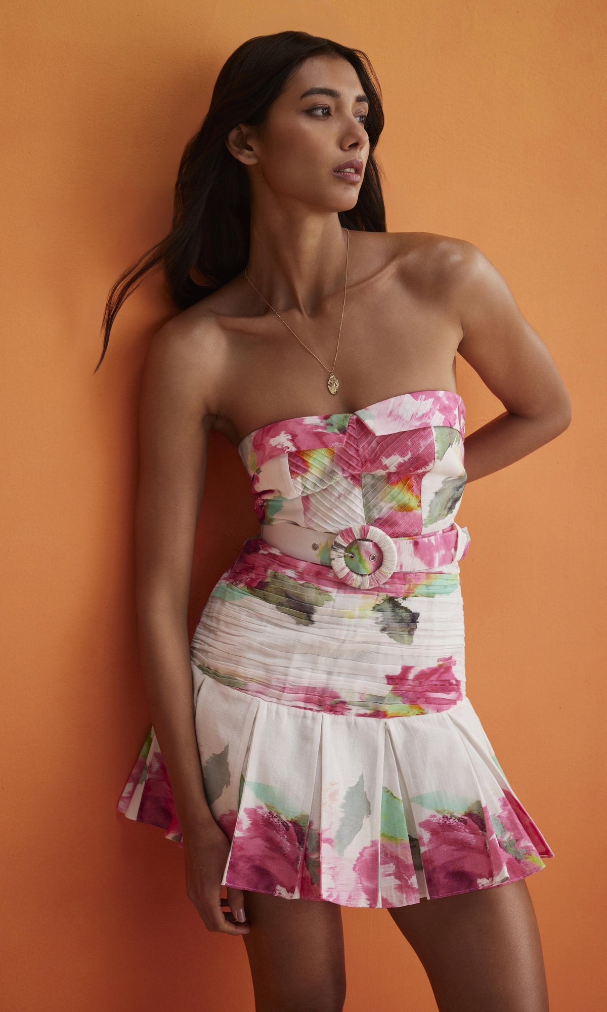 Hemant And Nandita | Rosa Linen Cotton Strapless Short Dress With Buckle Belt | Pink Floral