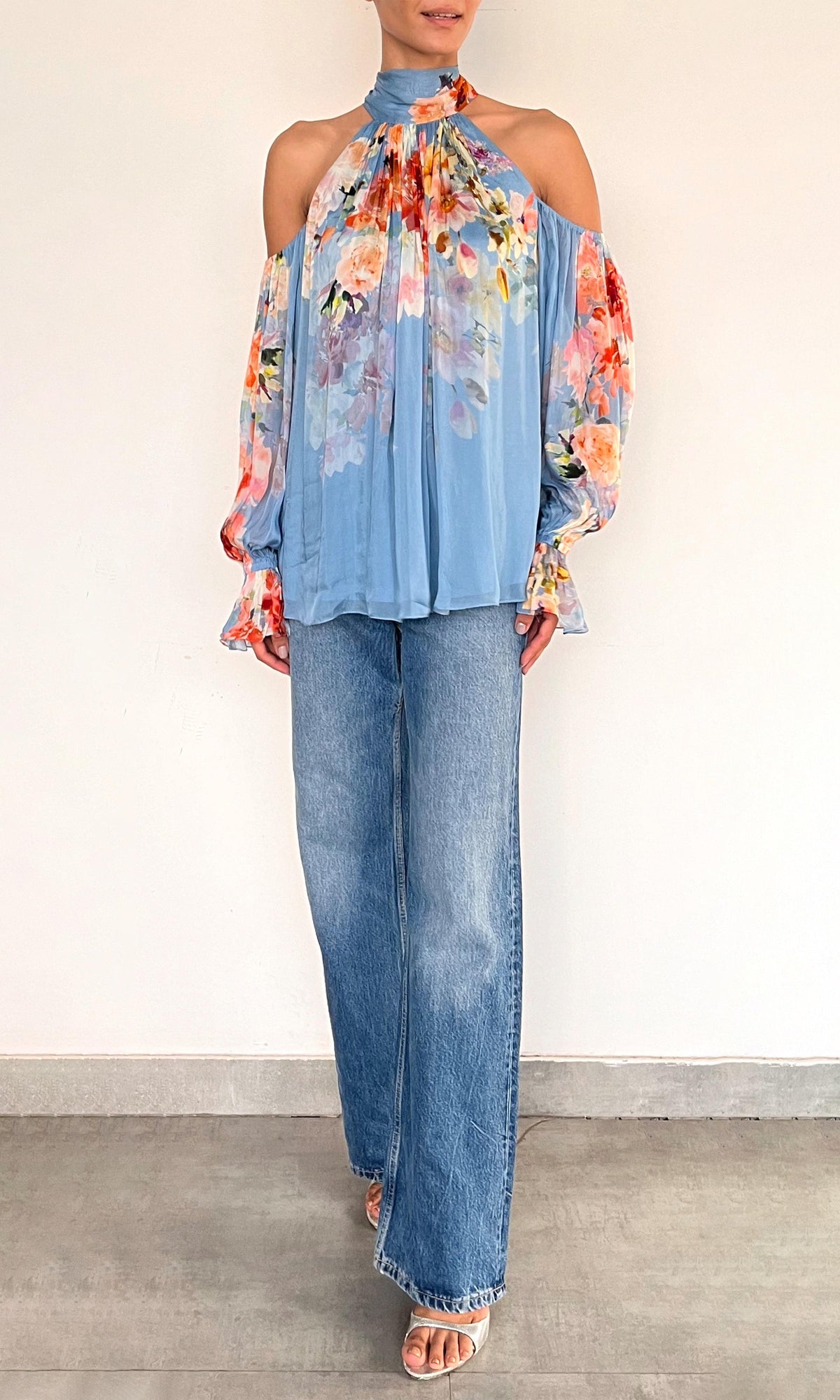 Hemant And Nandita | Saba Viscose Crinkle Chiffon Neck Tie Detail Top | Blue Floral