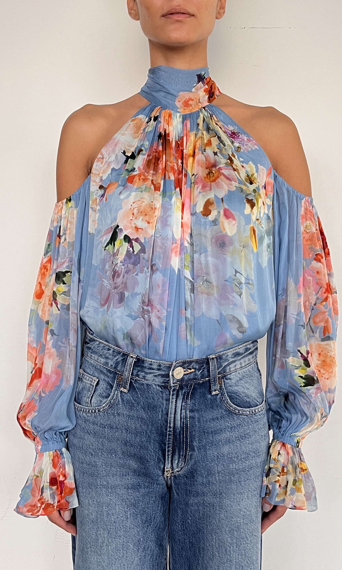 Hemant And Nandita | Saba Viscose Crinkle Chiffon Neck Tie Detail Top | Blue Floral