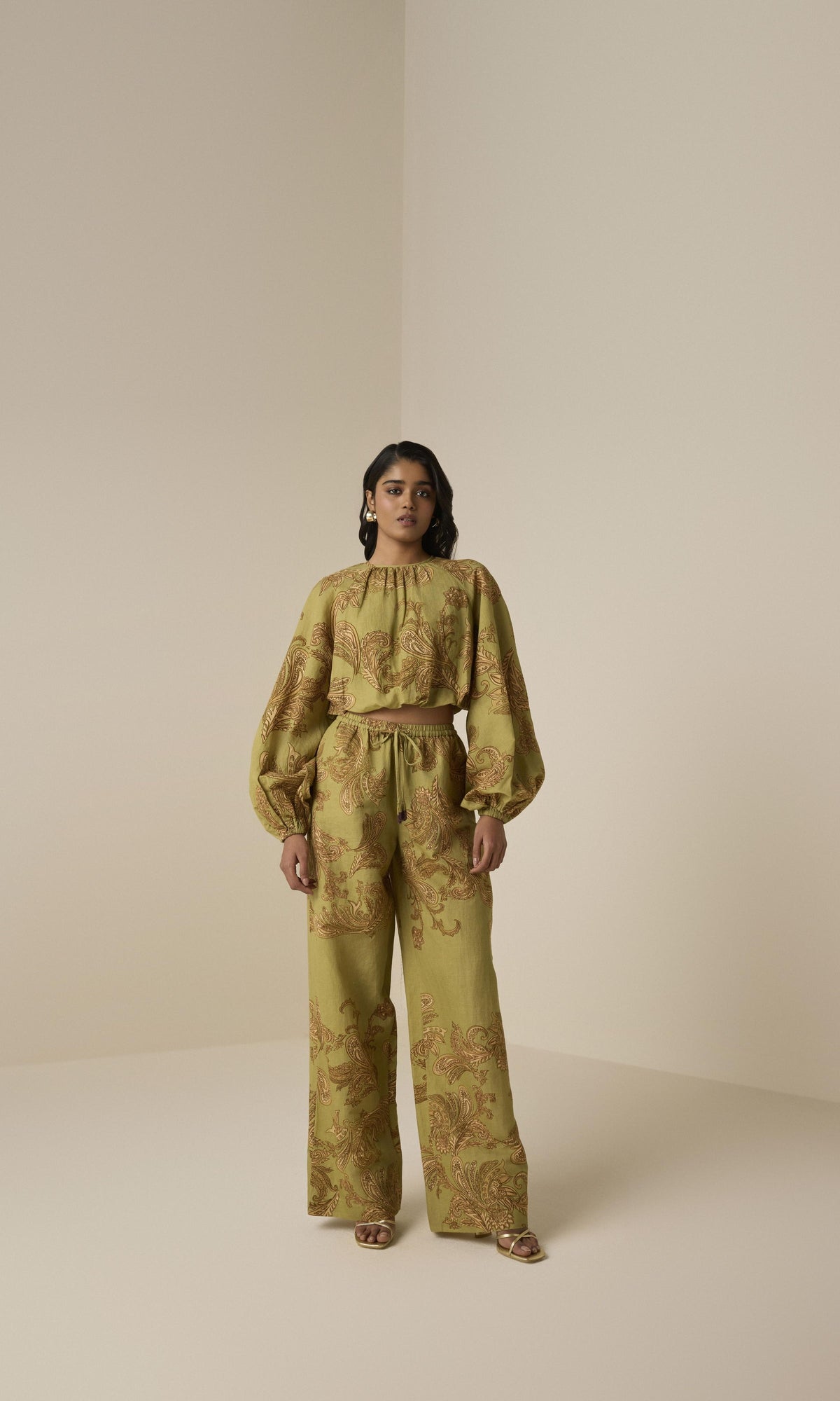 Hemant And Nandita | Sakhi Linen Cotton Bubble Hem Top | Olive