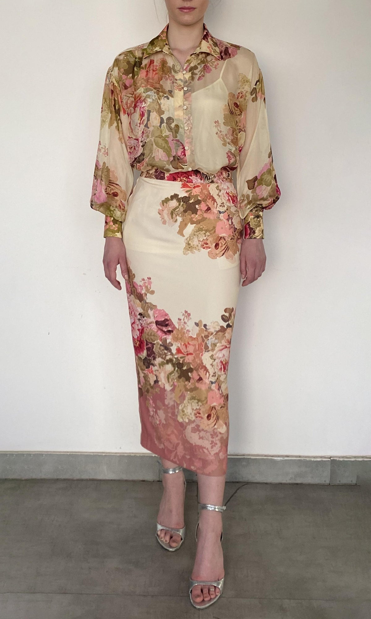 Hemant And Nandita | Sama Viscose Chiffon Shirt With Cami | Ivory Multi
