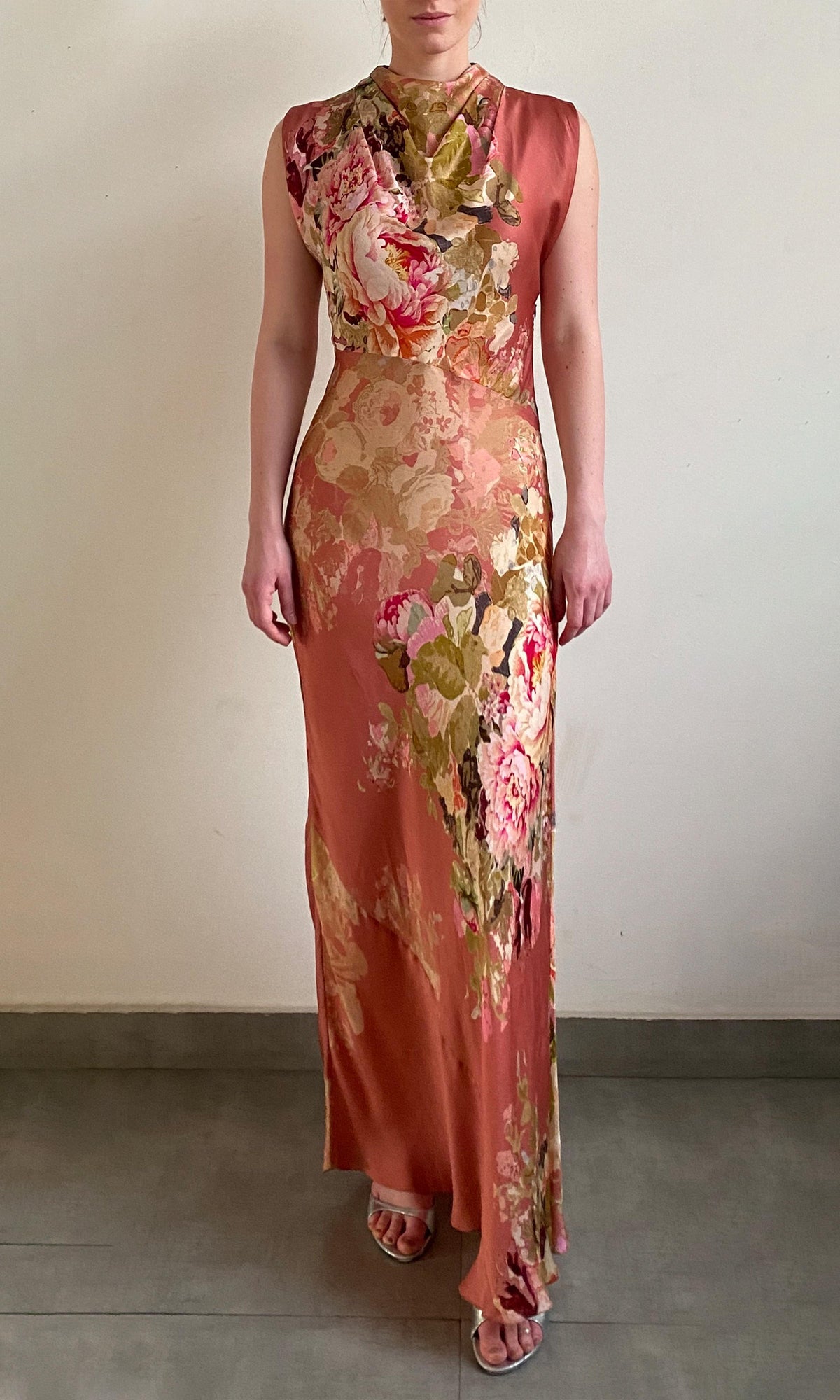 Hemant And Nandita | Sama Viscose Satin Long Dress | Peach Floral