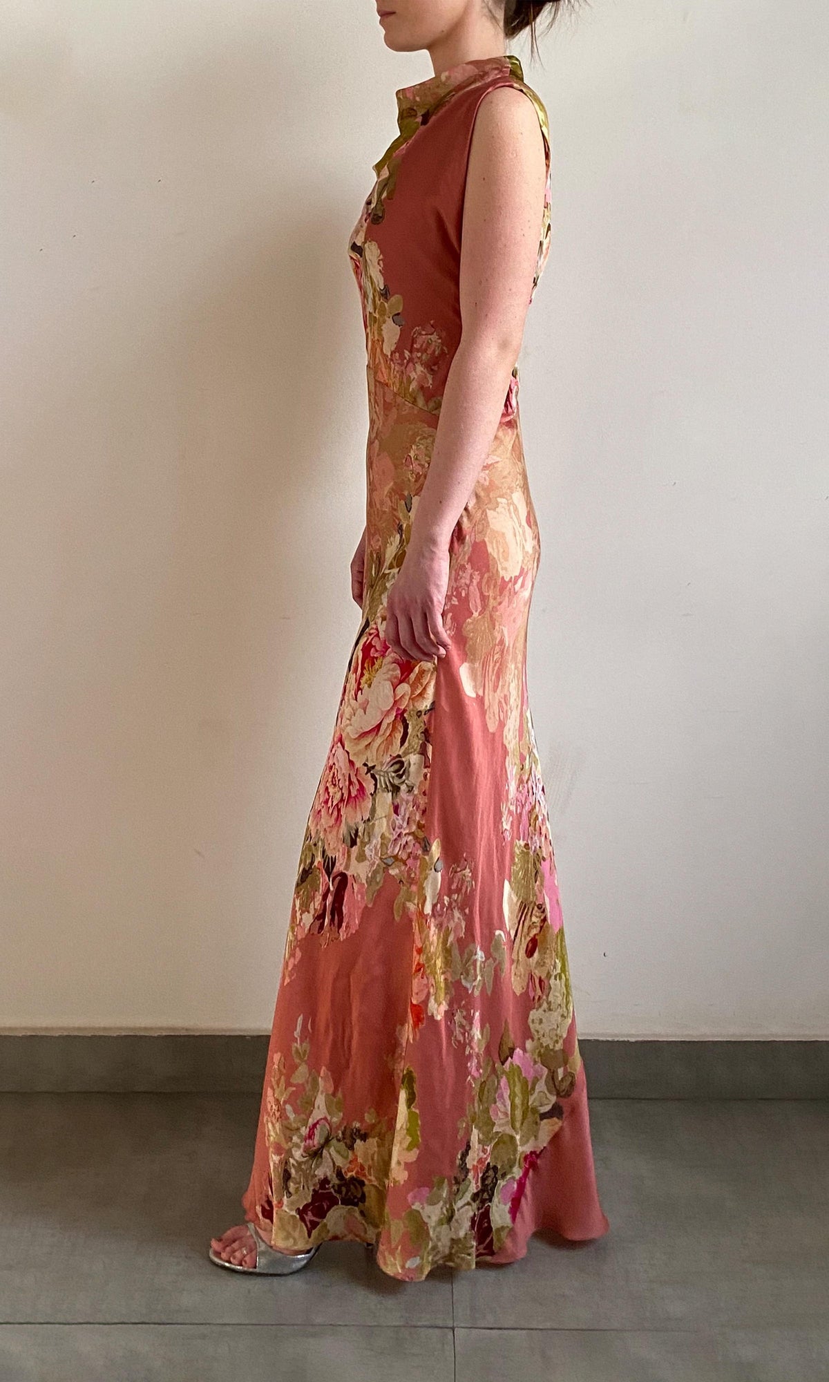 Hemant And Nandita | Sama Viscose Satin Long Dress | Peach Floral