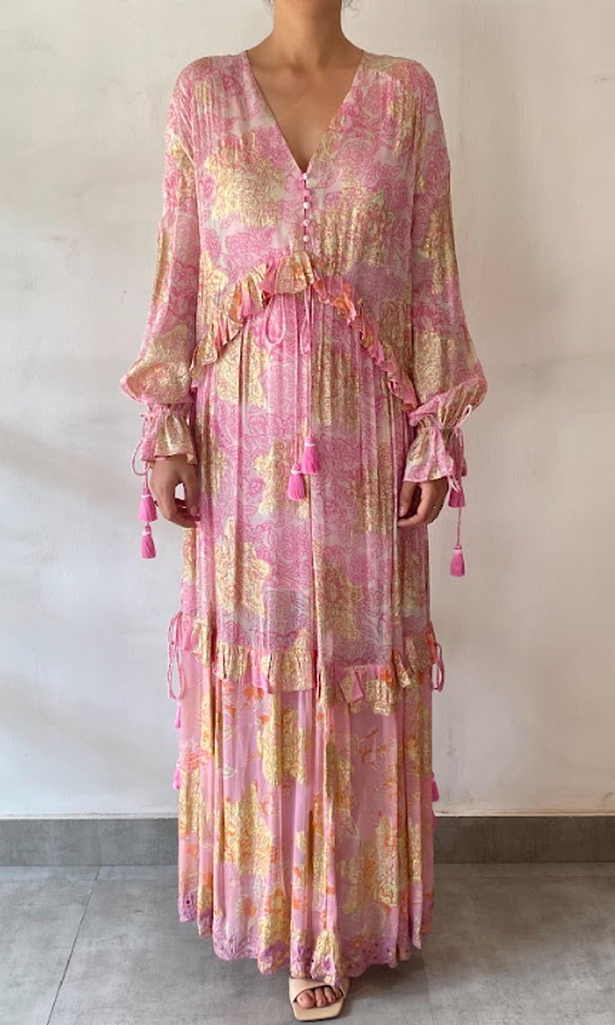 Hemant And Nandita | Sidra Viscose Georgette Floral Lurex Kaftan | Pink Multi