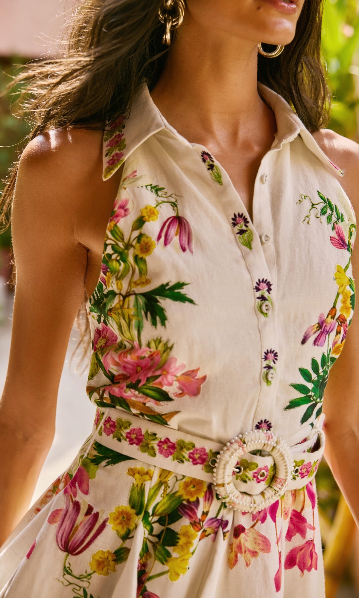 Hemant And Nandita | Taha Linen Cotton Short Dress With Highlight Emb And Buckle Belt | White Floral
