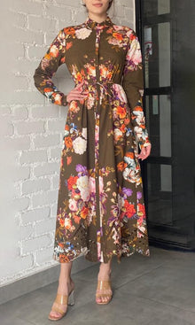 Hemant And Nandita | Tani Poplin Long Shirt Dress | Olive Green Floral