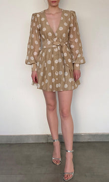 Hemant And Nandita | Tira Viscose Linen Organza Short Dress With Tie Up Belt | Brown White