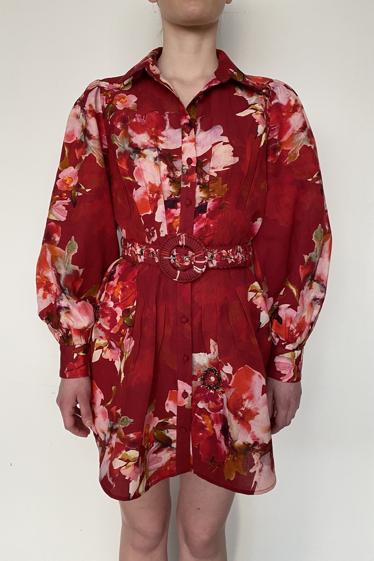 Short Dress With Buckle Belt | Burgundy Mix