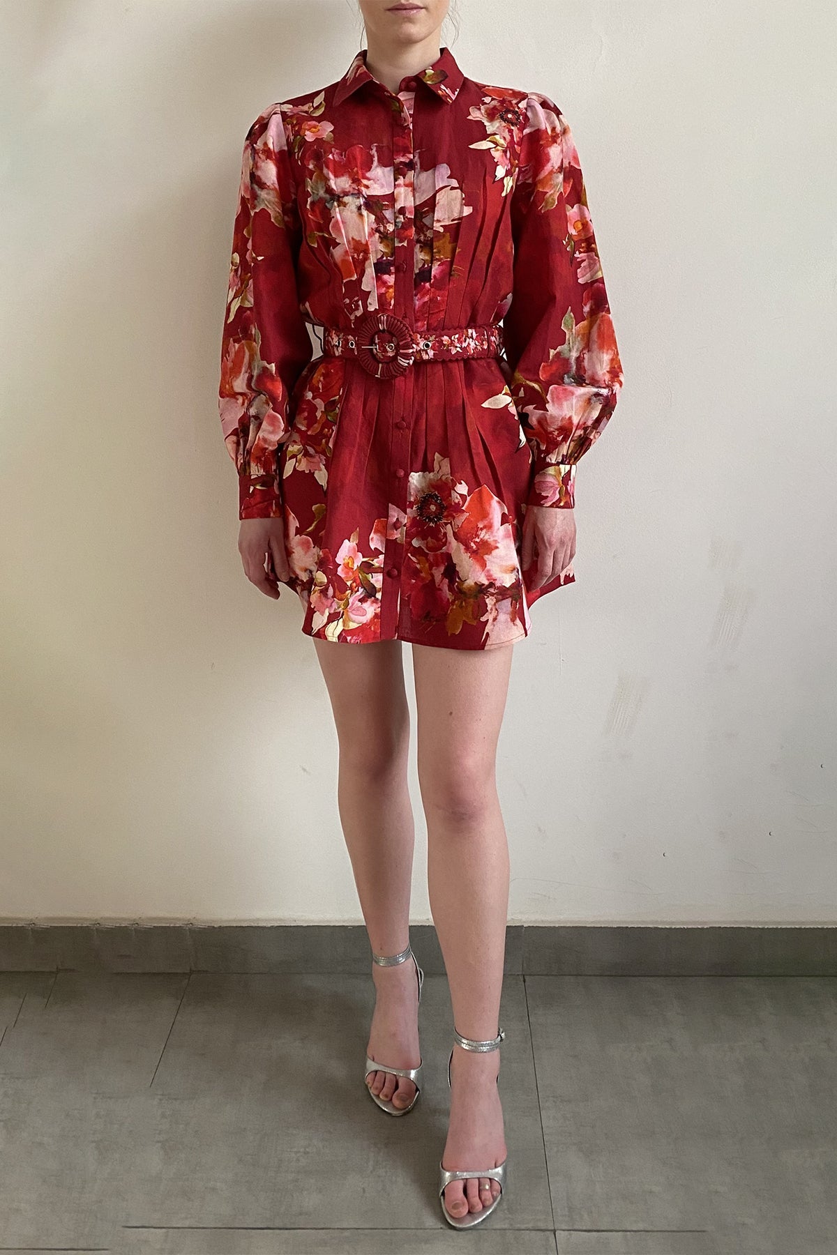 Short Dress With Buckle Belt | Burgundy Mix