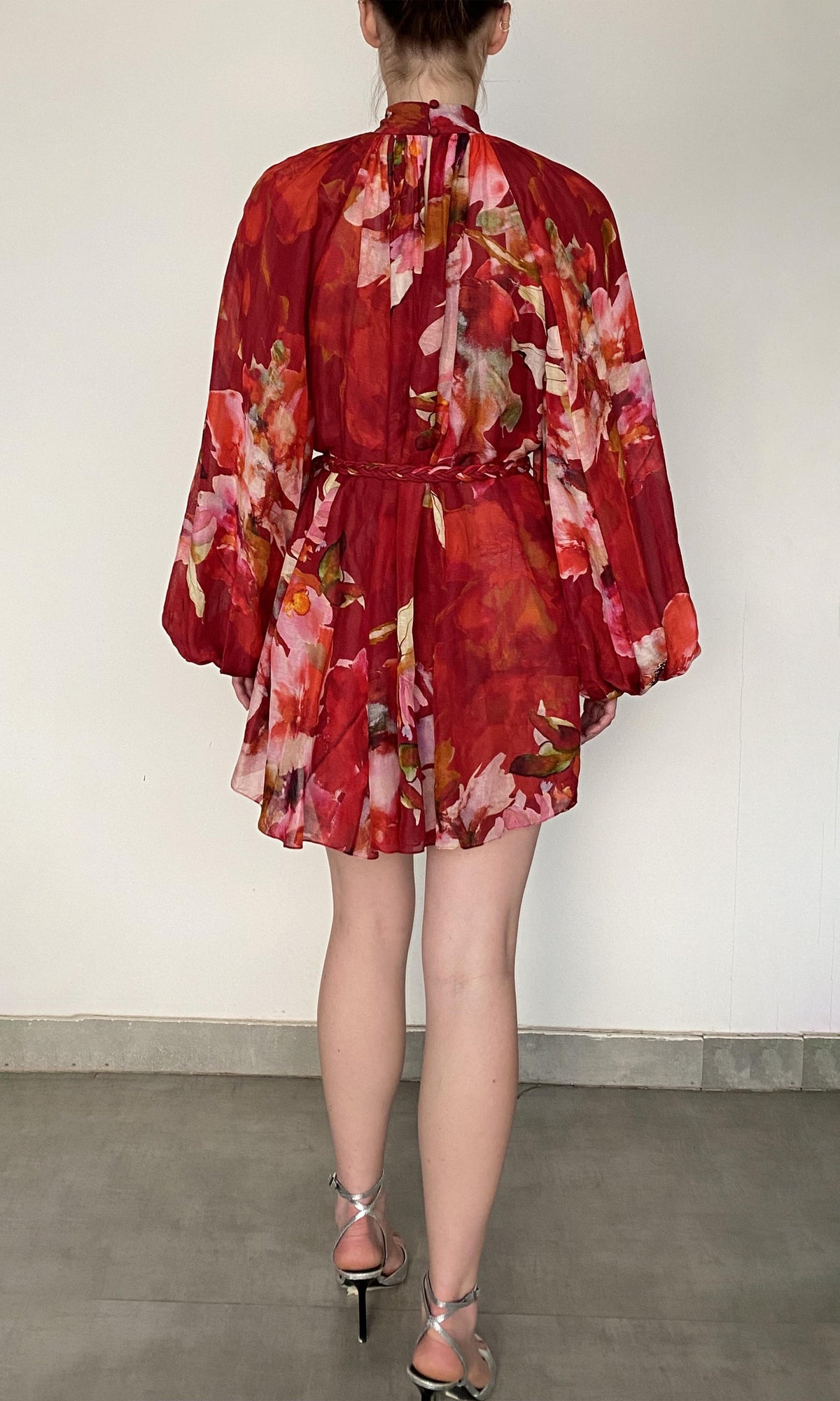 Hemant And Nandita | Tuhi Viscose Linen Organza Short Dress With Braided Belt And Slip | Burgundy Multi