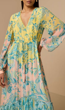 Hemant And Nandita | Wani Viscose Chiffon Crinkle Long Dress With Tie Up Tassels | Blue Yellow Multi