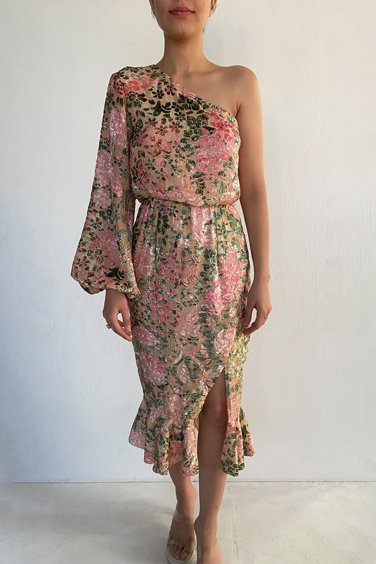 One-Shoulder Midi Dress | Pink/Green