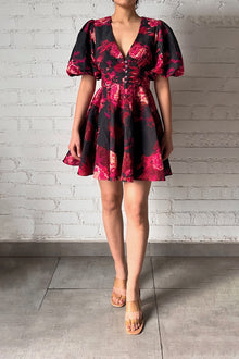 Zina Puff Sleeve V-Neck Short Dress | Black/Magenta