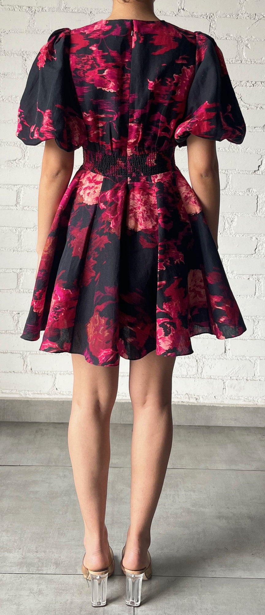 Zina Puff Sleeve V-Neck Short Dress | Black/Magenta