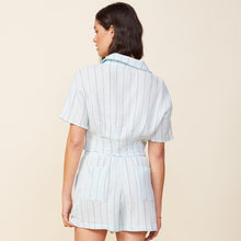 Back view of model wearing the pinstripe gauze cropped short sleeve in sea foam.