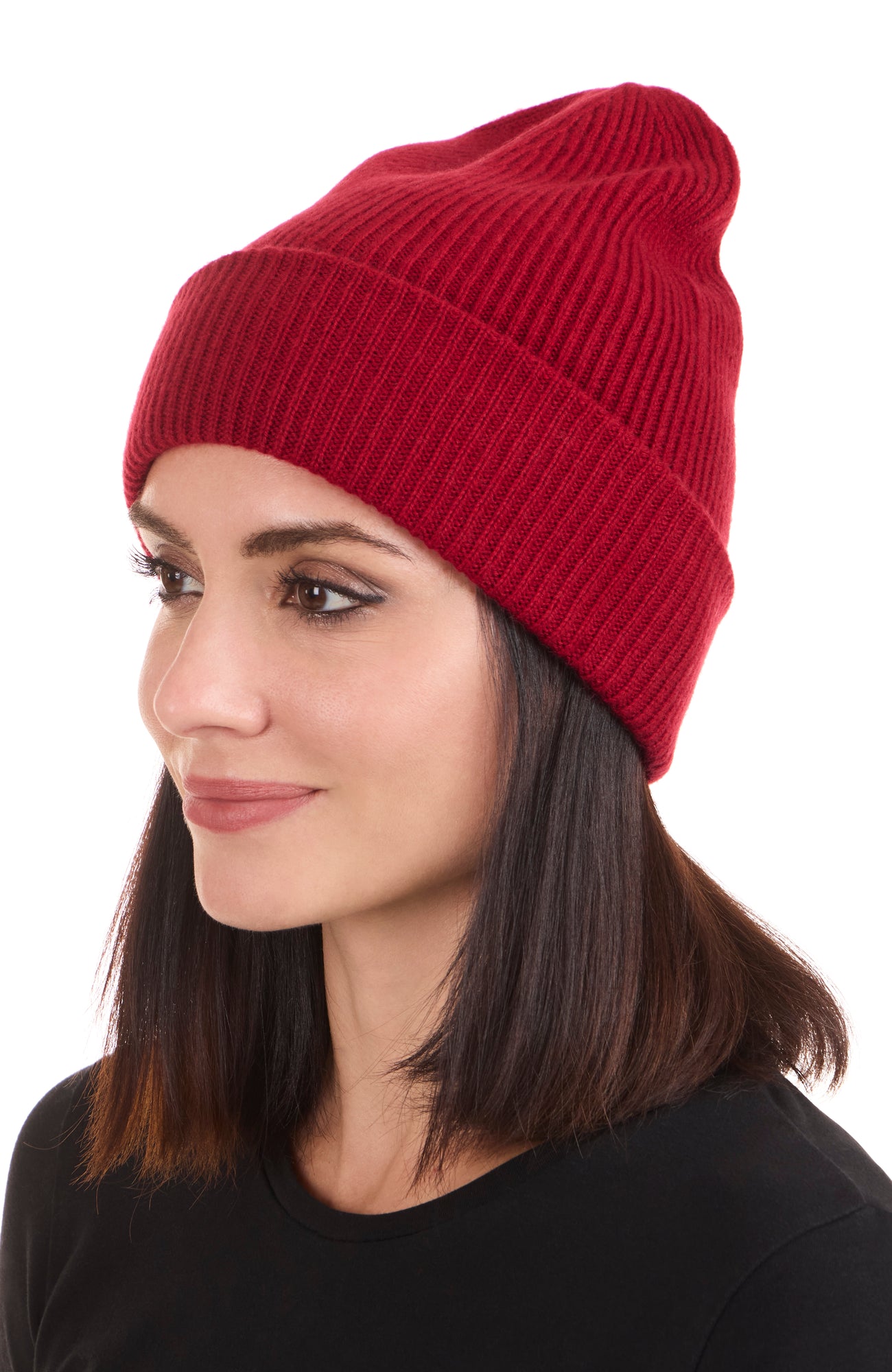 Amicale Cashmere | Women | Cashmere Rib Double Foldover Cuff Slouchy Hat | Red